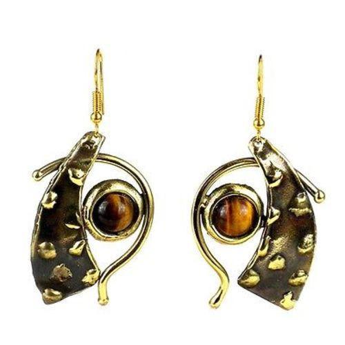 Tucked Tiger Eye Brass Earrings - Brass Images (E)