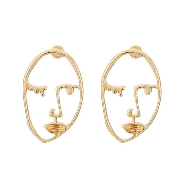 Fashion Stud Earrings Alloy hollow out Human Face shaped Earrings metal gold color Abstract figure face Pendant ear jewelry